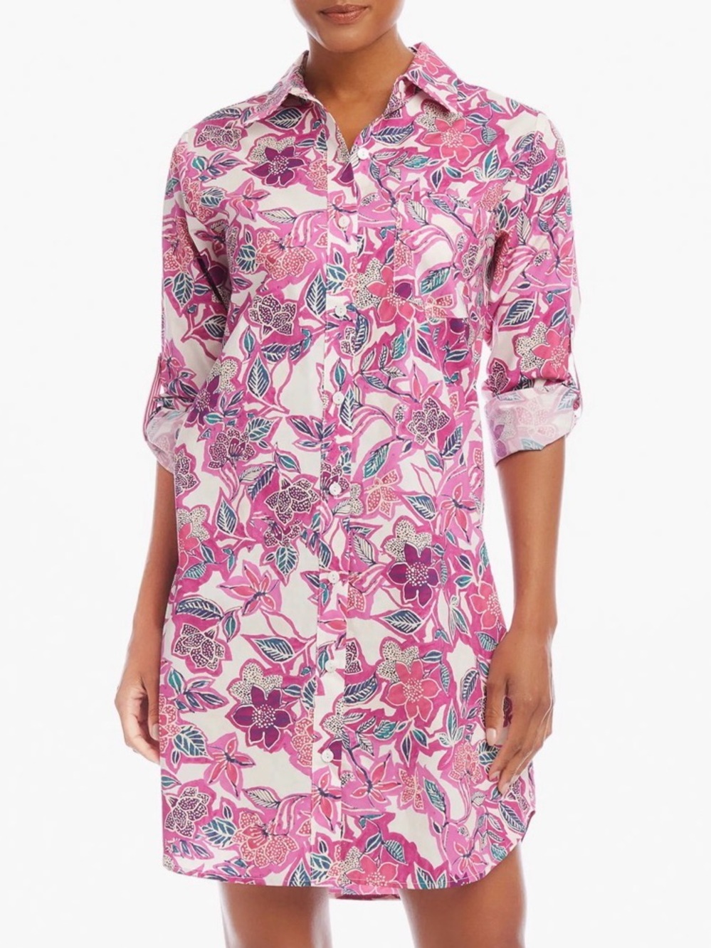 Karen Kane Floral Shirt Dress M Pink Cotton Roll Tab Midi Cottagecore Coastal